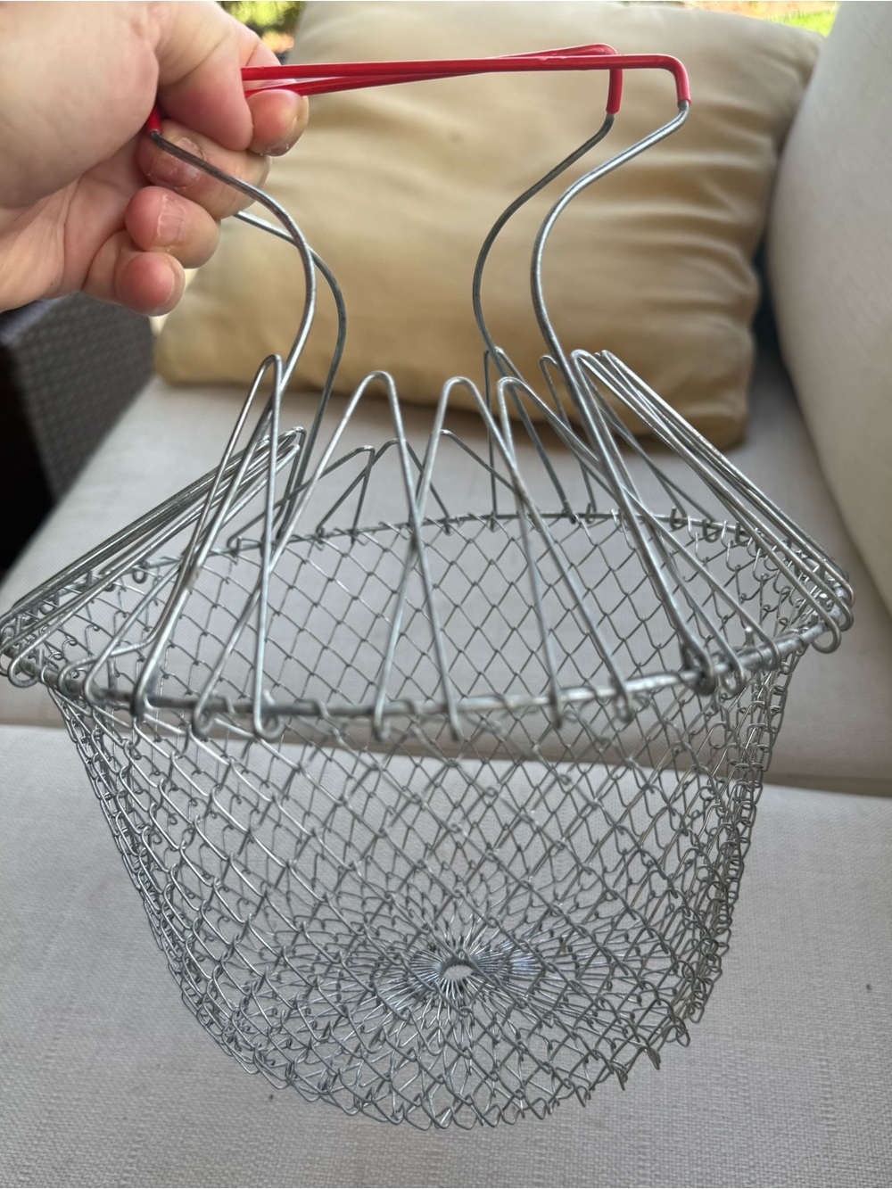 VTG egg basket wire mesh Red-Coated Handles- collapsible multi configuration